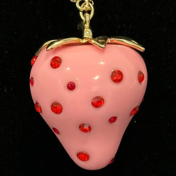 Betsey Johnson Pink Strawberry Red Rhinestone Long Necklace Gold Tone - Picture 9 of 9